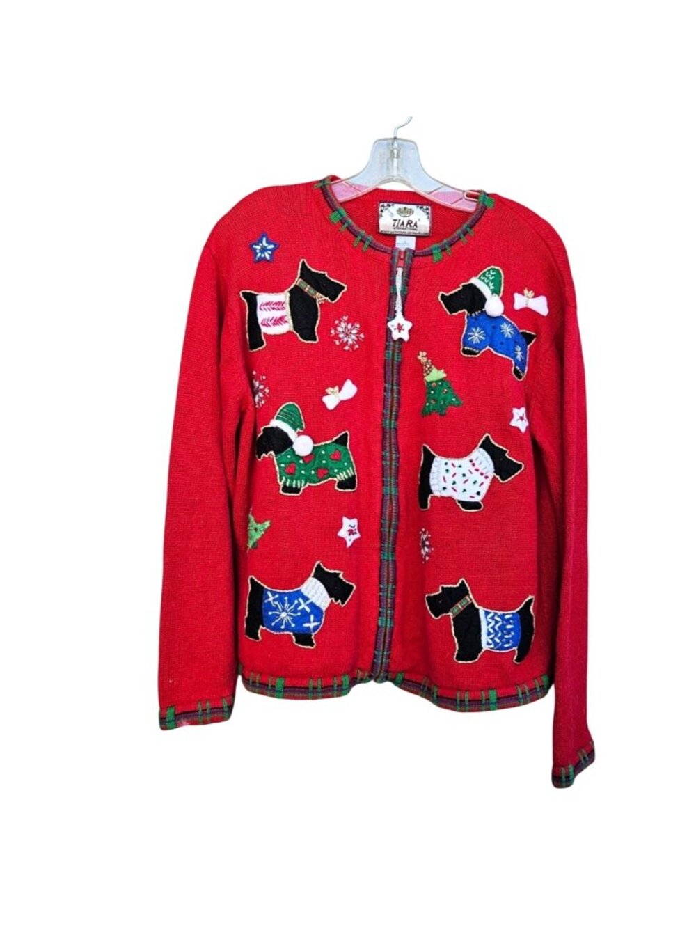 Vintage Red Knit Scottie Dog Beaded Christmas Cardigan 2002 Tiara  L XL